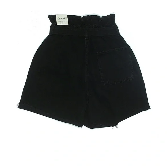 Zara Black Paperbag Waist Shorts NWT High Rise Tie Waist Denim Size 4 - Picture 3 of 4